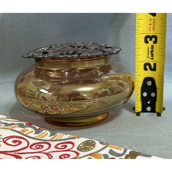 Glass Potpourri Holder Jar Bowl with Metal Lid Cover Pink Amber Iridescent - Picture 9 of 14